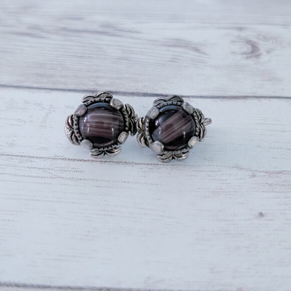 Vintage Clip On Earrings Dark Purple with Dark Silver Tone Ornate Setting - Picture 2 of 12